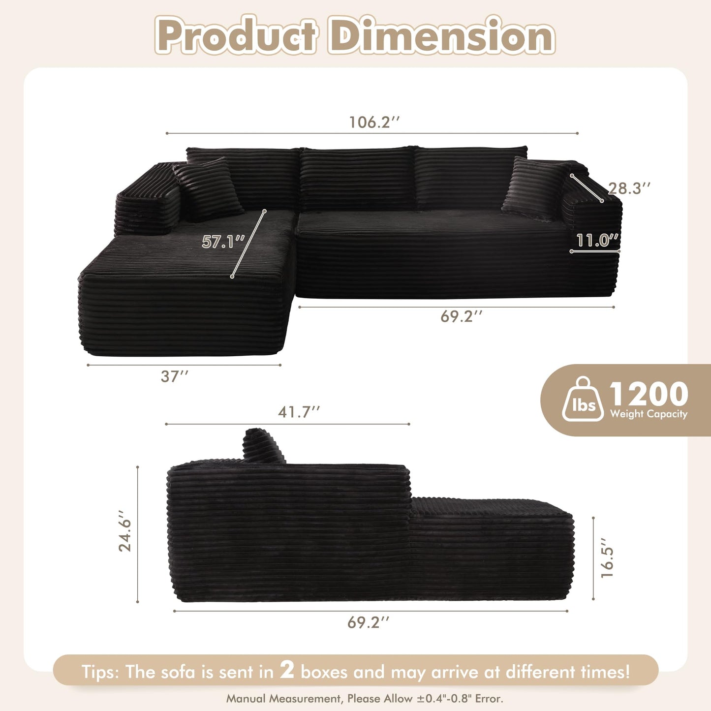 WEAXTY 106" Cloud Sectional Couch with Chaise Lounge,L Shaped Modular Modern Sofa,Comfy Corduroy Fluffy Couch with Deep Seat,No Assembly Required Couch for Living Room(Left,Plush Corduroy,Black)