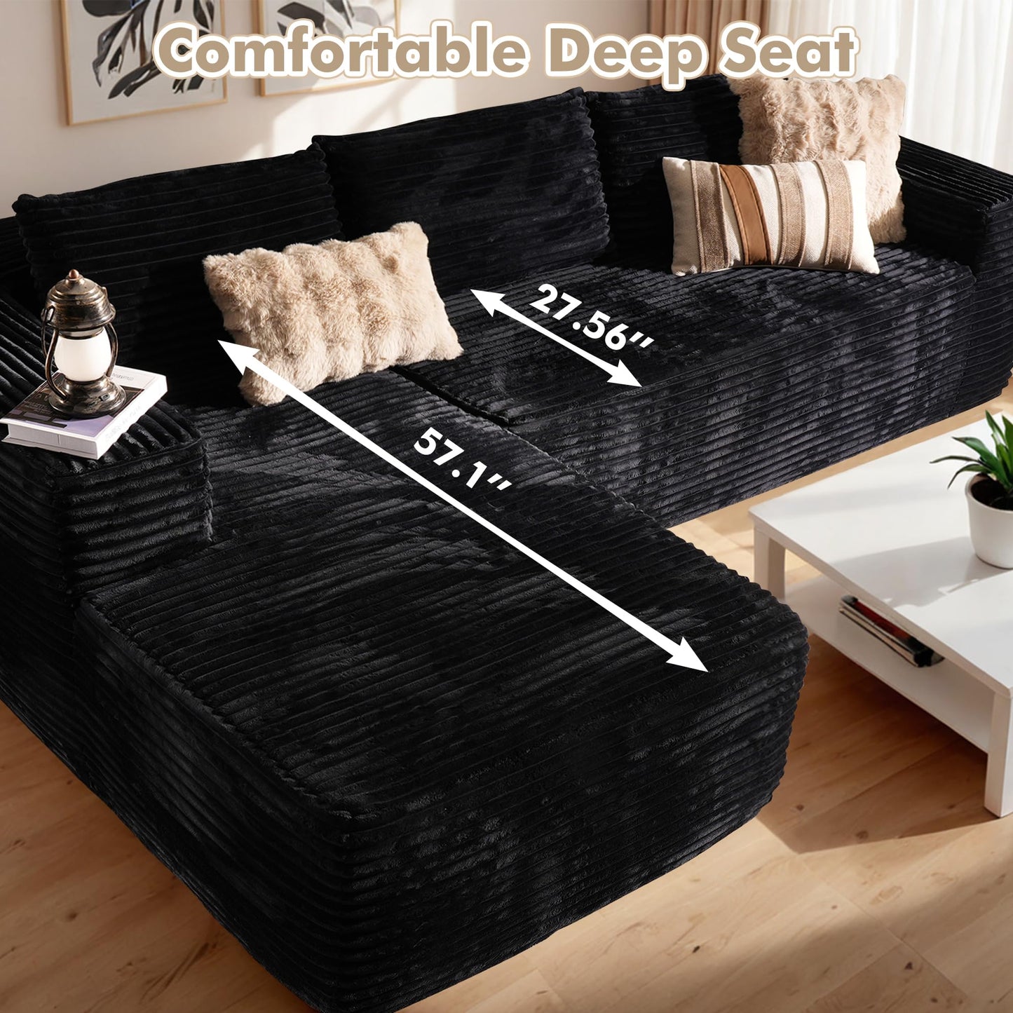WEAXTY 106" Cloud Sectional Couch with Chaise Lounge,L Shaped Modular Modern Sofa,Comfy Corduroy Fluffy Couch with Deep Seat,No Assembly Required Couch for Living Room(Left,Plush Corduroy,Black)