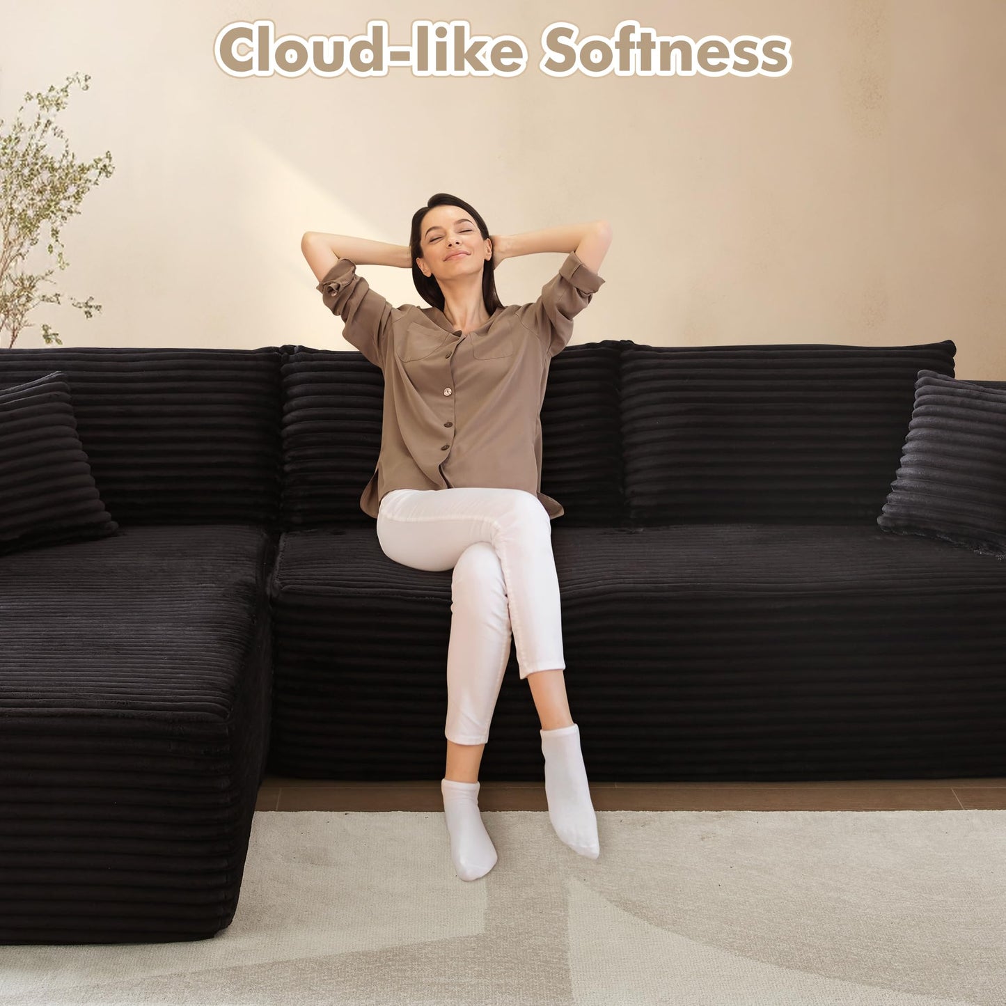 WEAXTY 106" Cloud Sectional Couch with Chaise Lounge,L Shaped Modular Modern Sofa,Comfy Corduroy Fluffy Couch with Deep Seat,No Assembly Required Couch for Living Room(Left,Plush Corduroy,Black)
