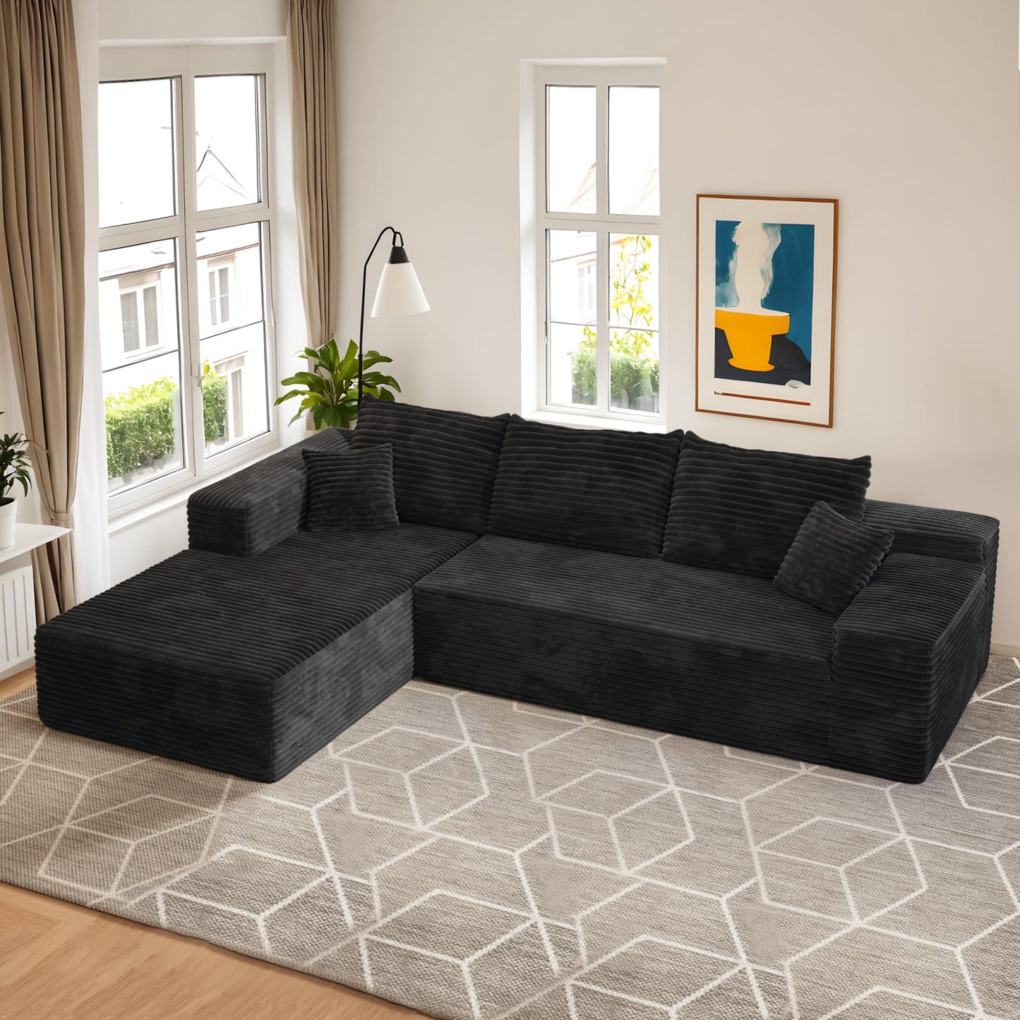 WEAXTY 106" Cloud Sectional Couch with Chaise Lounge,L Shaped Modular Modern Sofa,Comfy Corduroy Fluffy Couch with Deep Seat,No Assembly Required Couch for Living Room(Left,Plush Corduroy,Black)